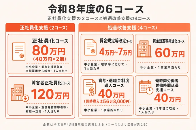 令和8年度のキャリアアップ助成金6コースの支給額早見カード。正社員化支援2コースと処遇改善支援4コース