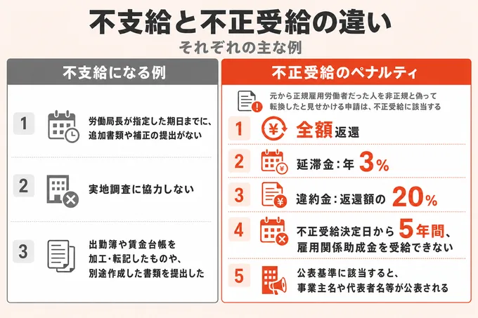 不支給と不正受給の違いと、それぞれの主な例を比べた比較表