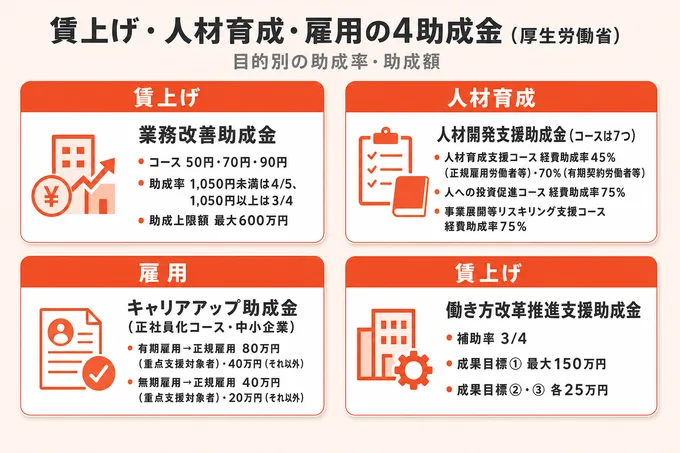 賃上げ・人材育成・雇用に使える厚生労働省の4助成金の助成率と助成額