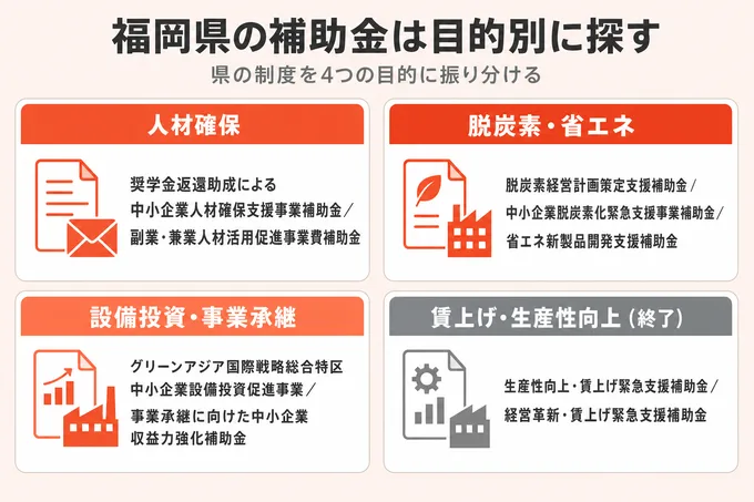 福岡県の補助金を人材確保・脱炭素・省エネ・設備投資・事業承継・賃上げ生産性向上の4目的に分けた整理図