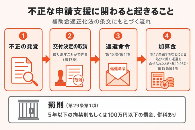 不正の発覚から交付決定の取消・返還命令・加算金までの流れと、別枠の罰則を示した図