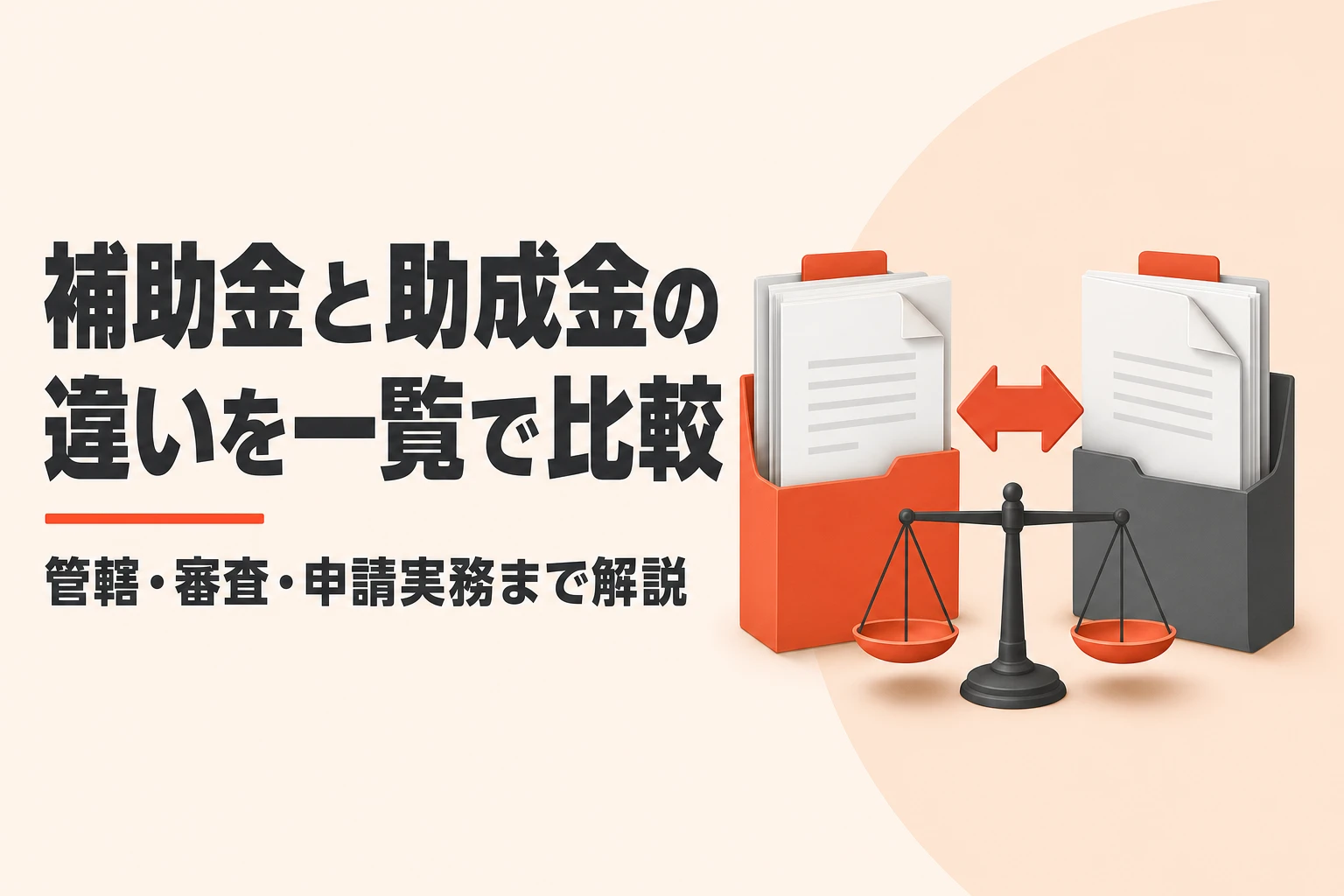 「補助金と助成金の違いを一覧で比較 管轄・審査・申請実務まで解説」の文字と、オレンジとグレーの書類ケース、両向きの矢印、天秤を並べたアイキャッチ