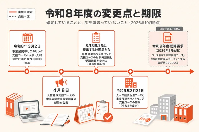 人材開発支援助成金のコースに関する令和8年度の変更点と期限の年表（確定と令和9年度概算要求の案を区別）
