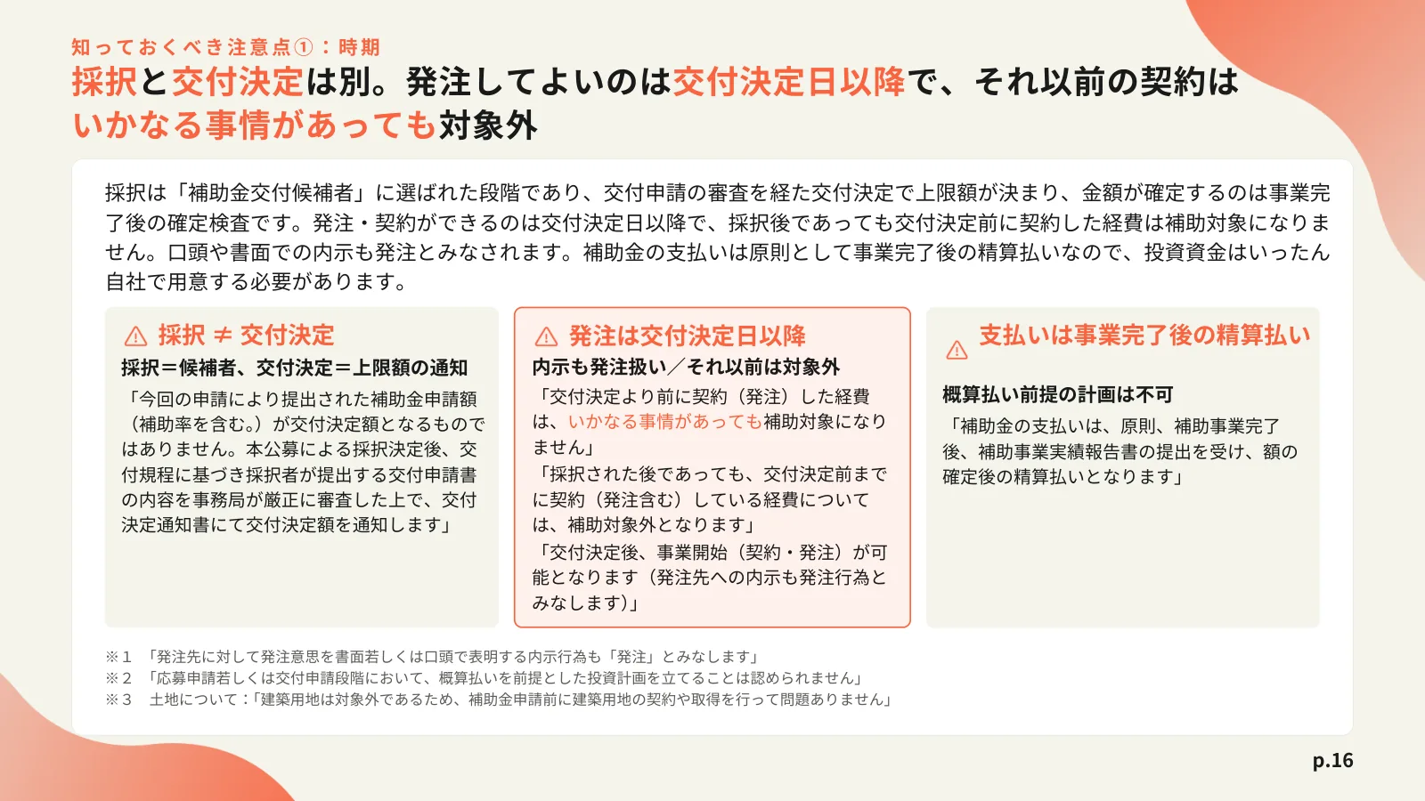 「知っておくべき注意点①：時期」の見出しと、採択と交付決定の違い・発注は交付決定日以降・支払いは事業完了後の精算払いの3つの注意点を並べたページ